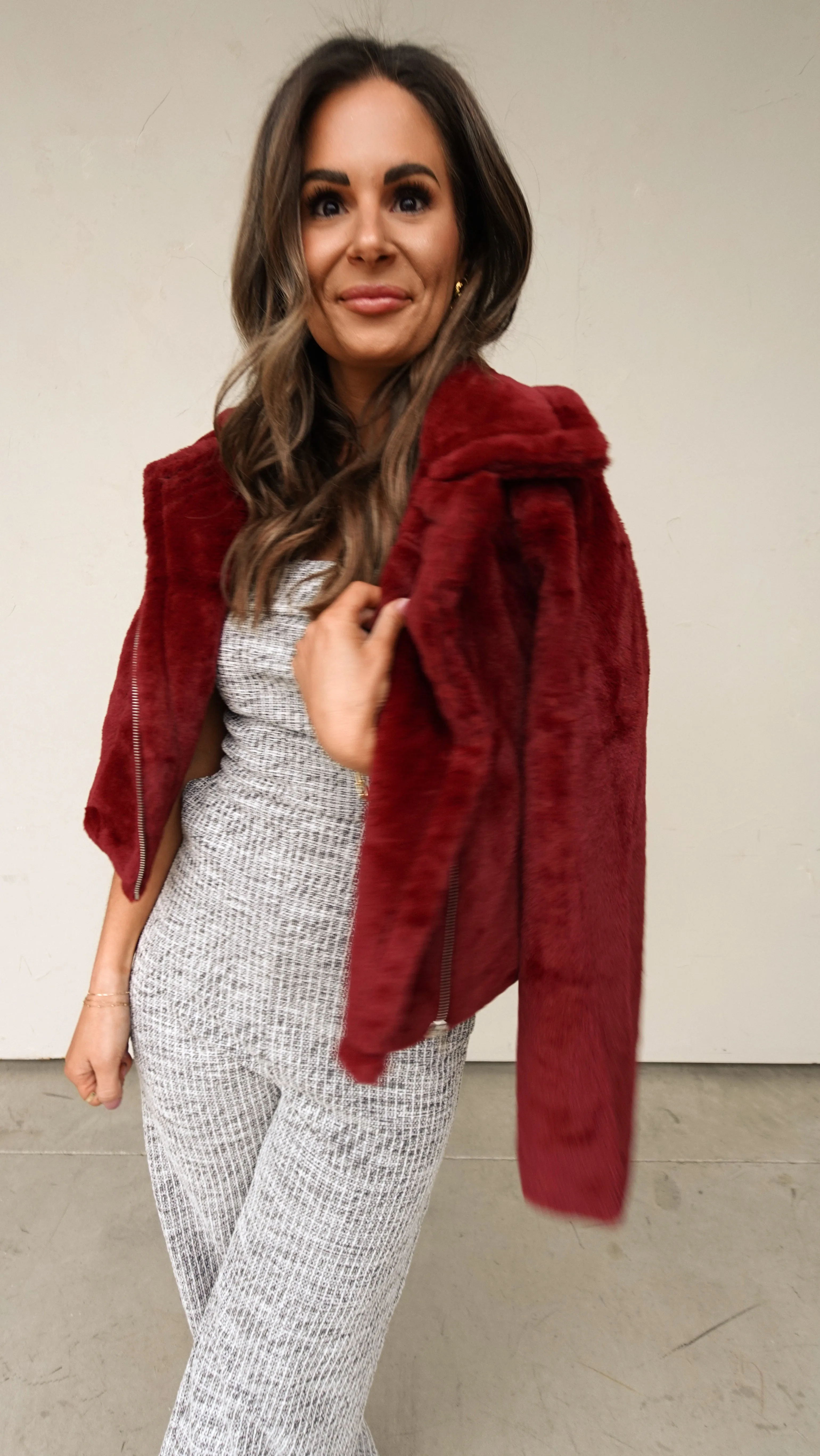 Burgundy Faux Fur Moto Jacket