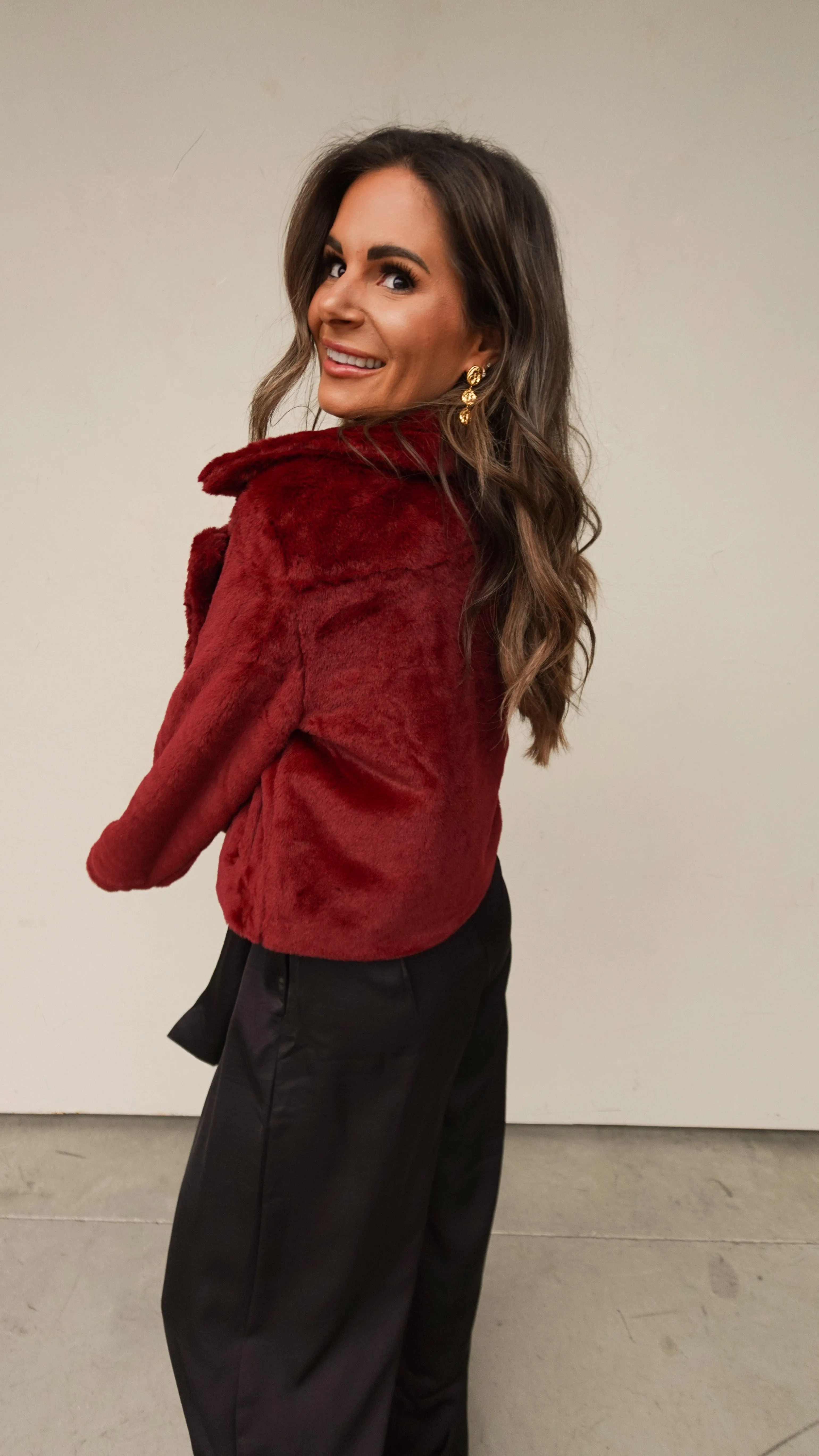 Burgundy Faux Fur Moto Jacket