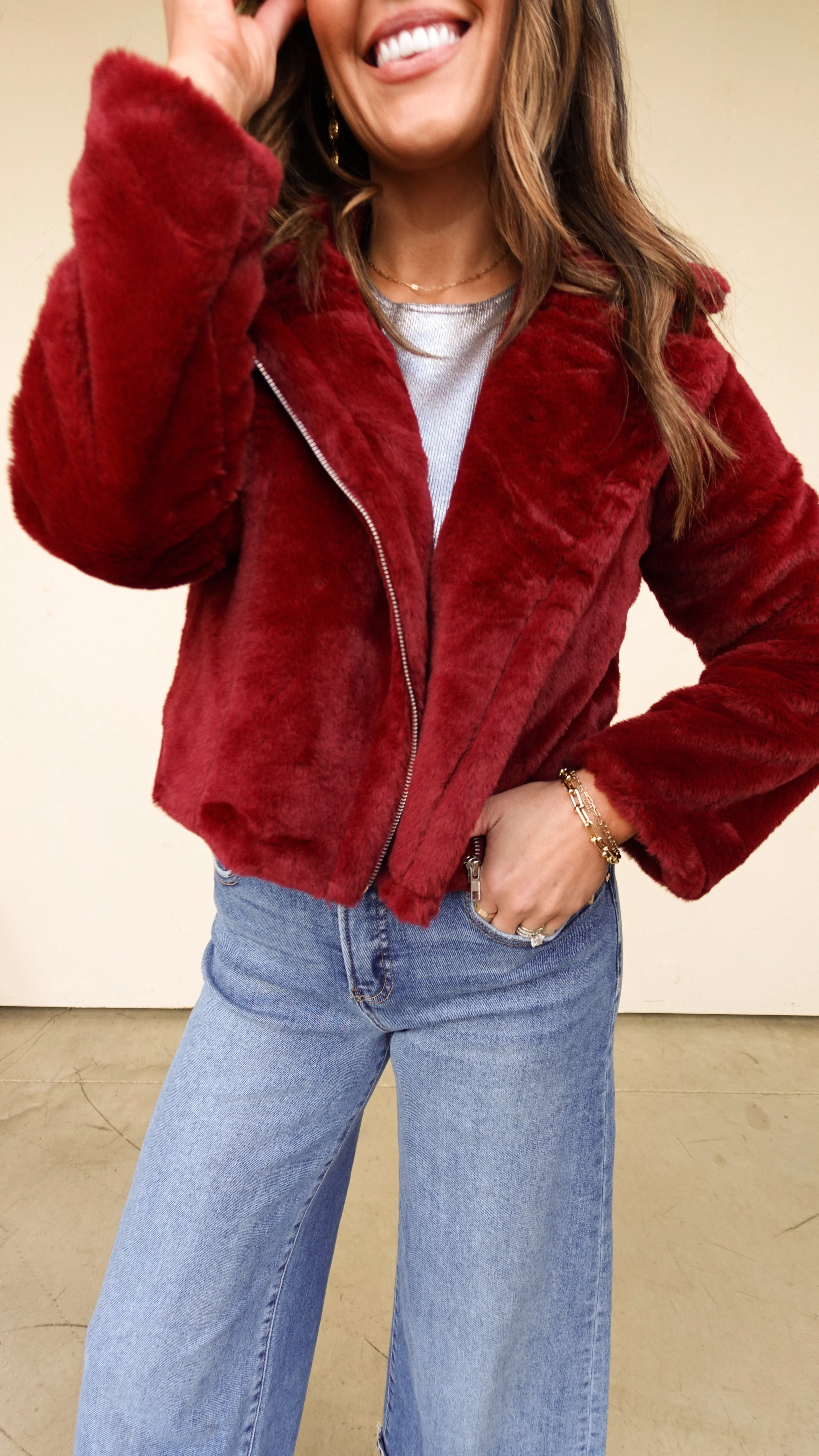 Burgundy Faux Fur Moto Jacket