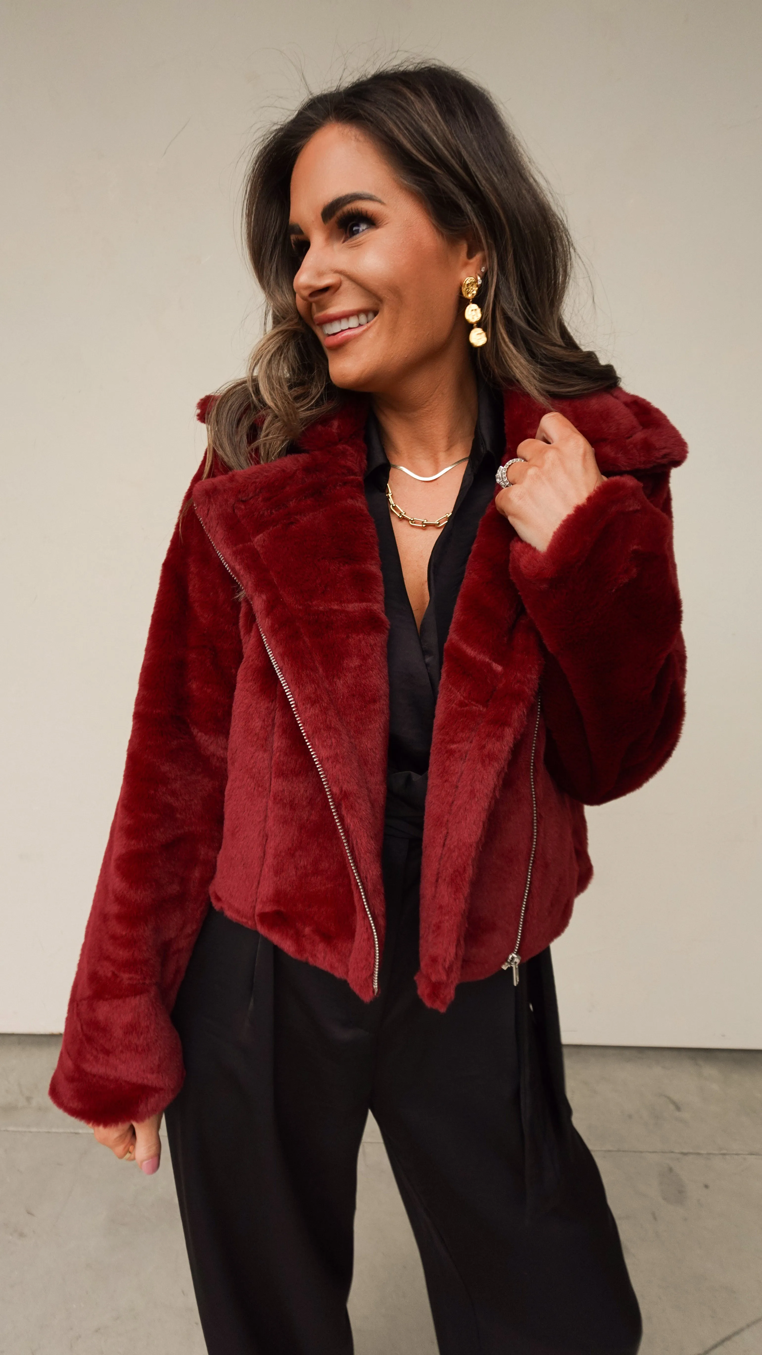 Burgundy Faux Fur Moto Jacket