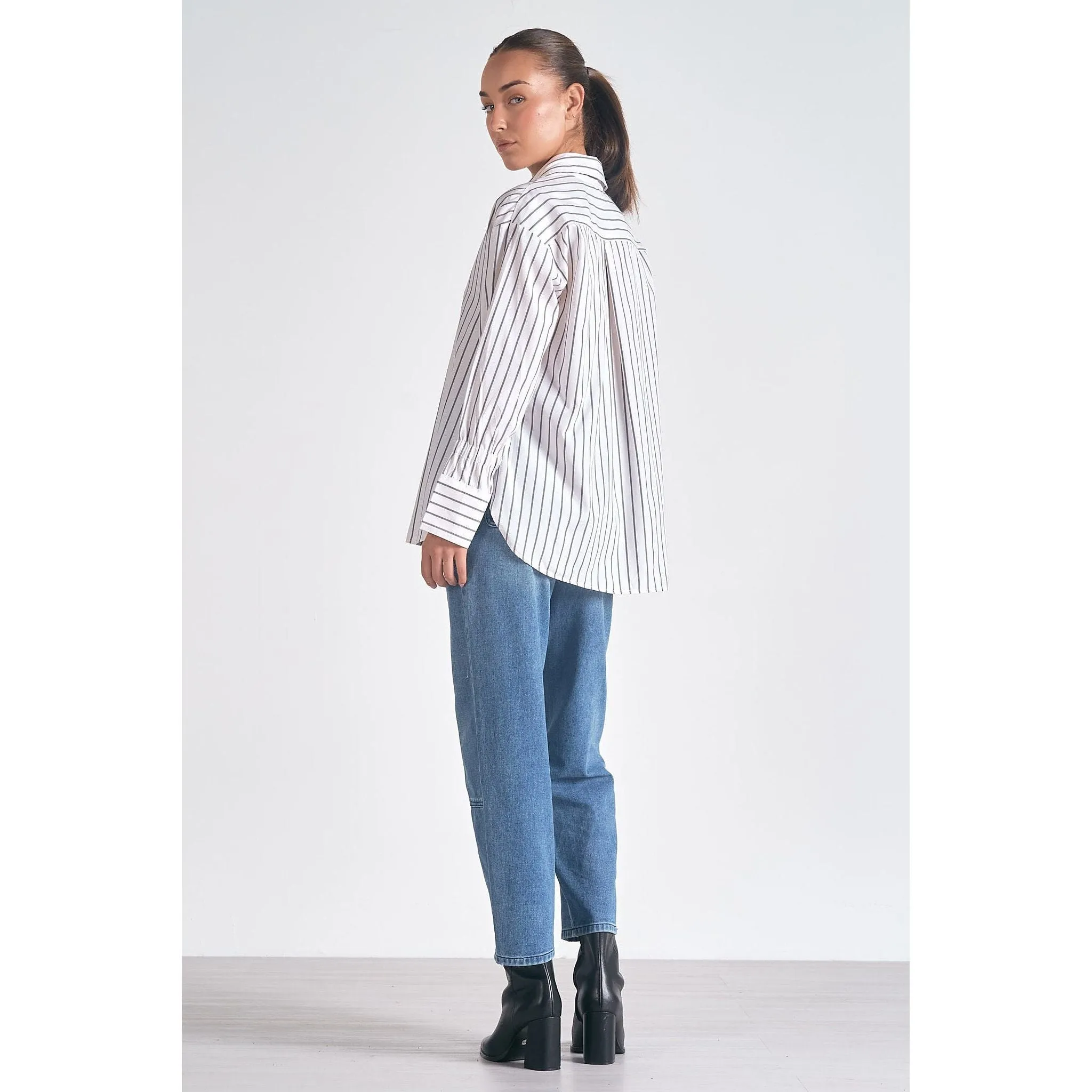 Button Down Collared Shirt with Smocked Wrist Band Sleeve