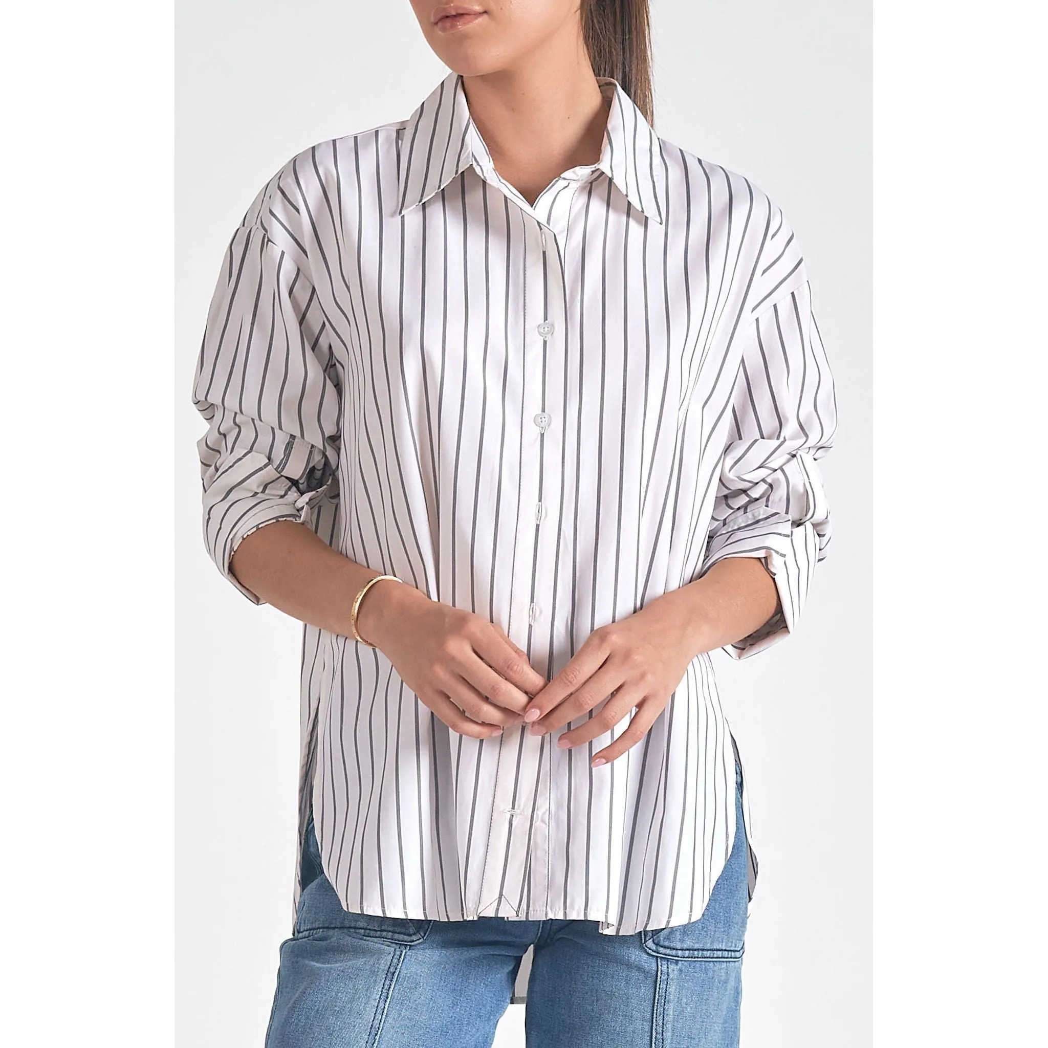Button Down Collared Shirt with Smocked Wrist Band Sleeve