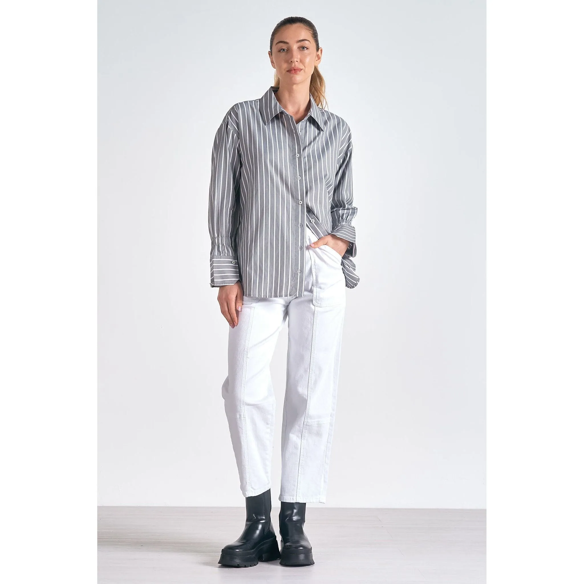 Button Down Collared Shirt with Smocked Wrist Band Sleeve