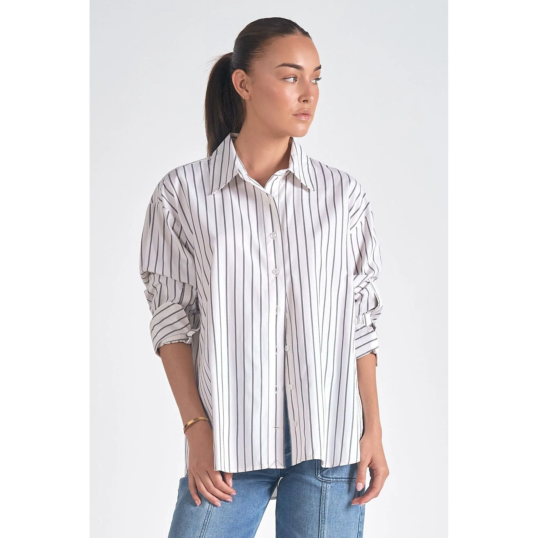 Button Down Collared Shirt with Smocked Wrist Band Sleeve