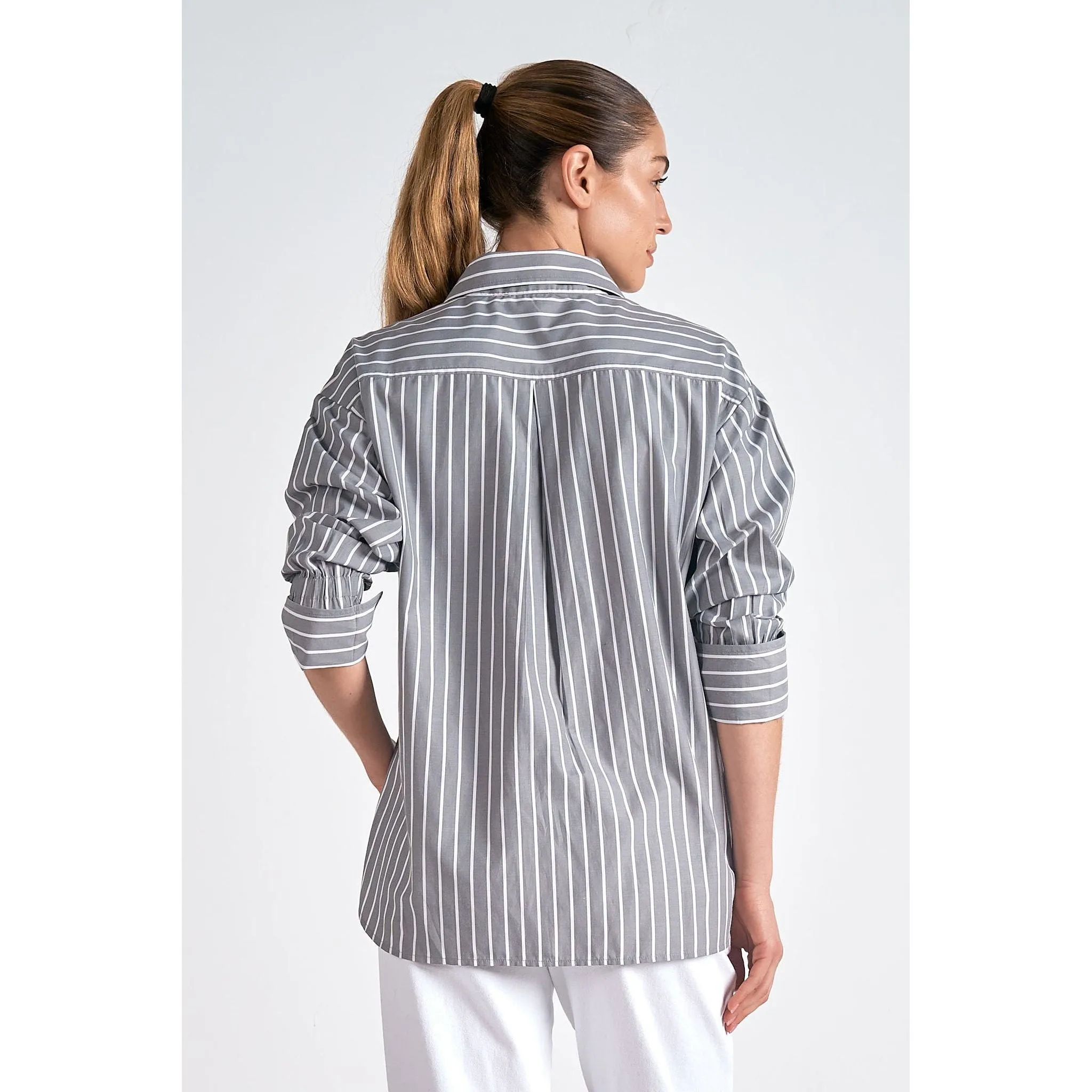Button Down Collared Shirt with Smocked Wrist Band Sleeve