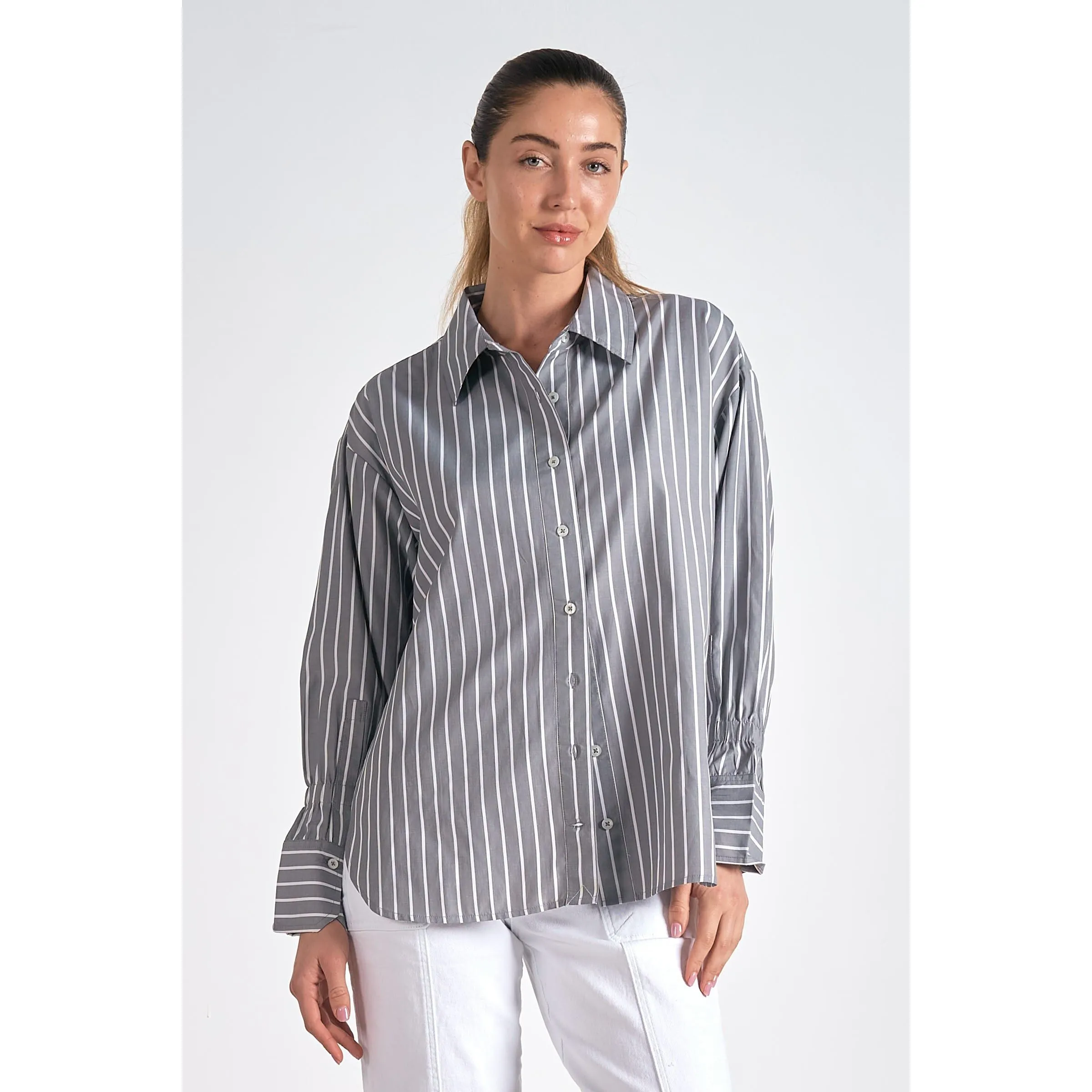 Button Down Collared Shirt with Smocked Wrist Band Sleeve