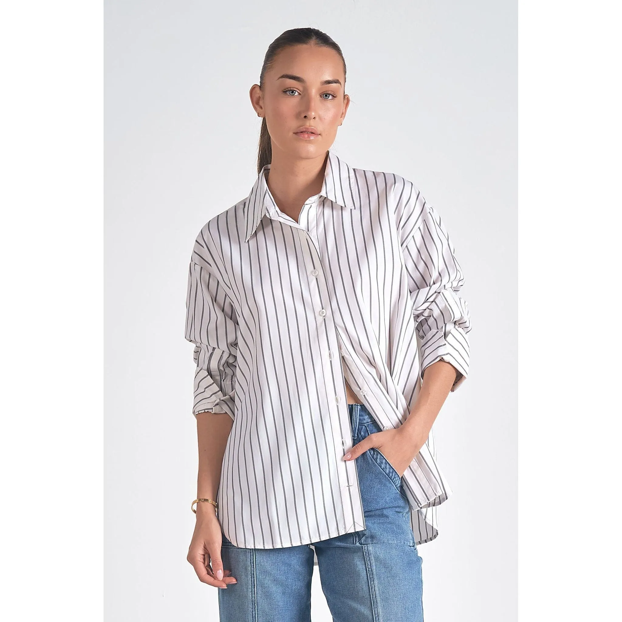 Button Down Collared Shirt with Smocked Wrist Band Sleeve