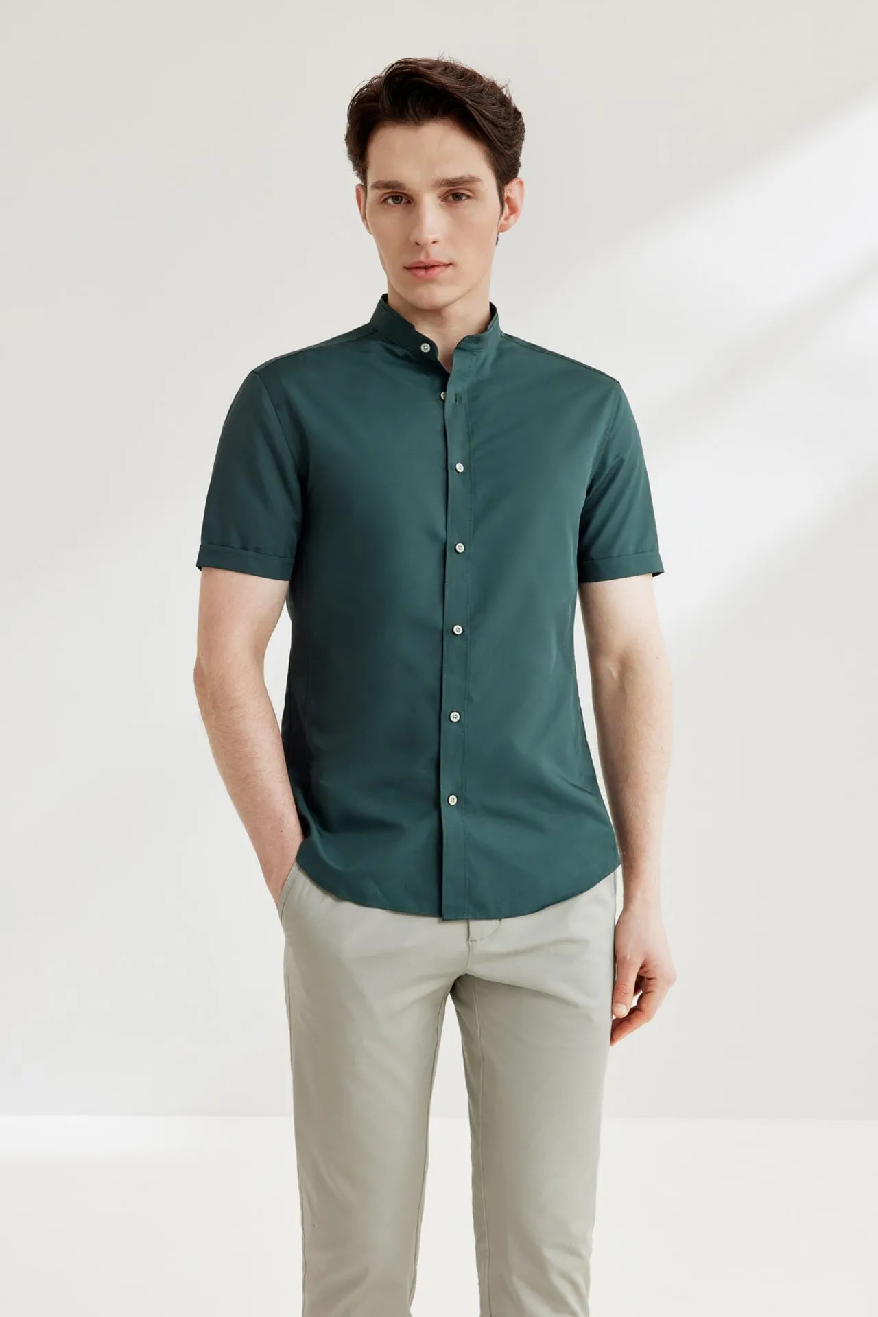 Dry Wicking Stand Collar Casual Shirt in Smart Fit Short Sleeve