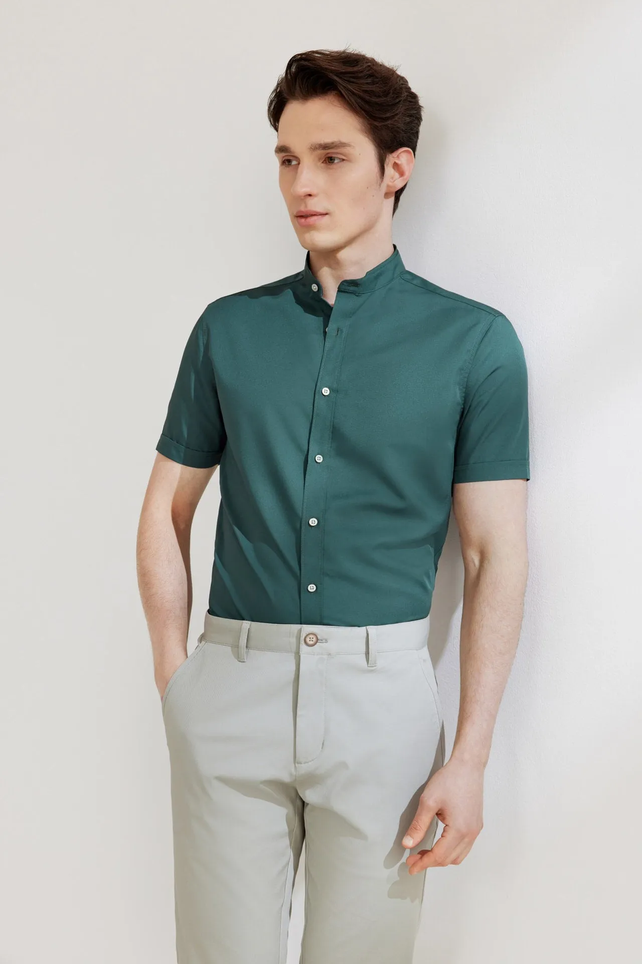 Dry Wicking Stand Collar Casual Shirt in Smart Fit Short Sleeve