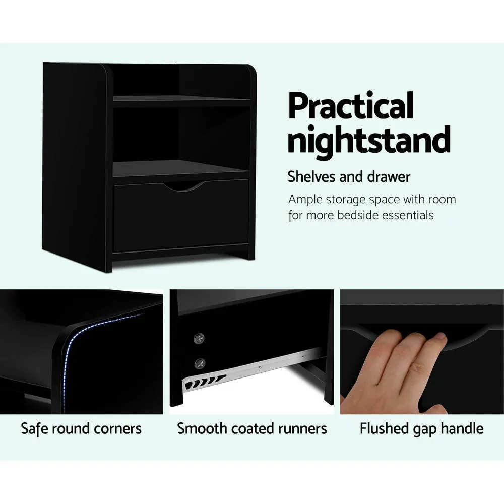 Durable Black Bedside Table with Drawer & Shelf - Artiss