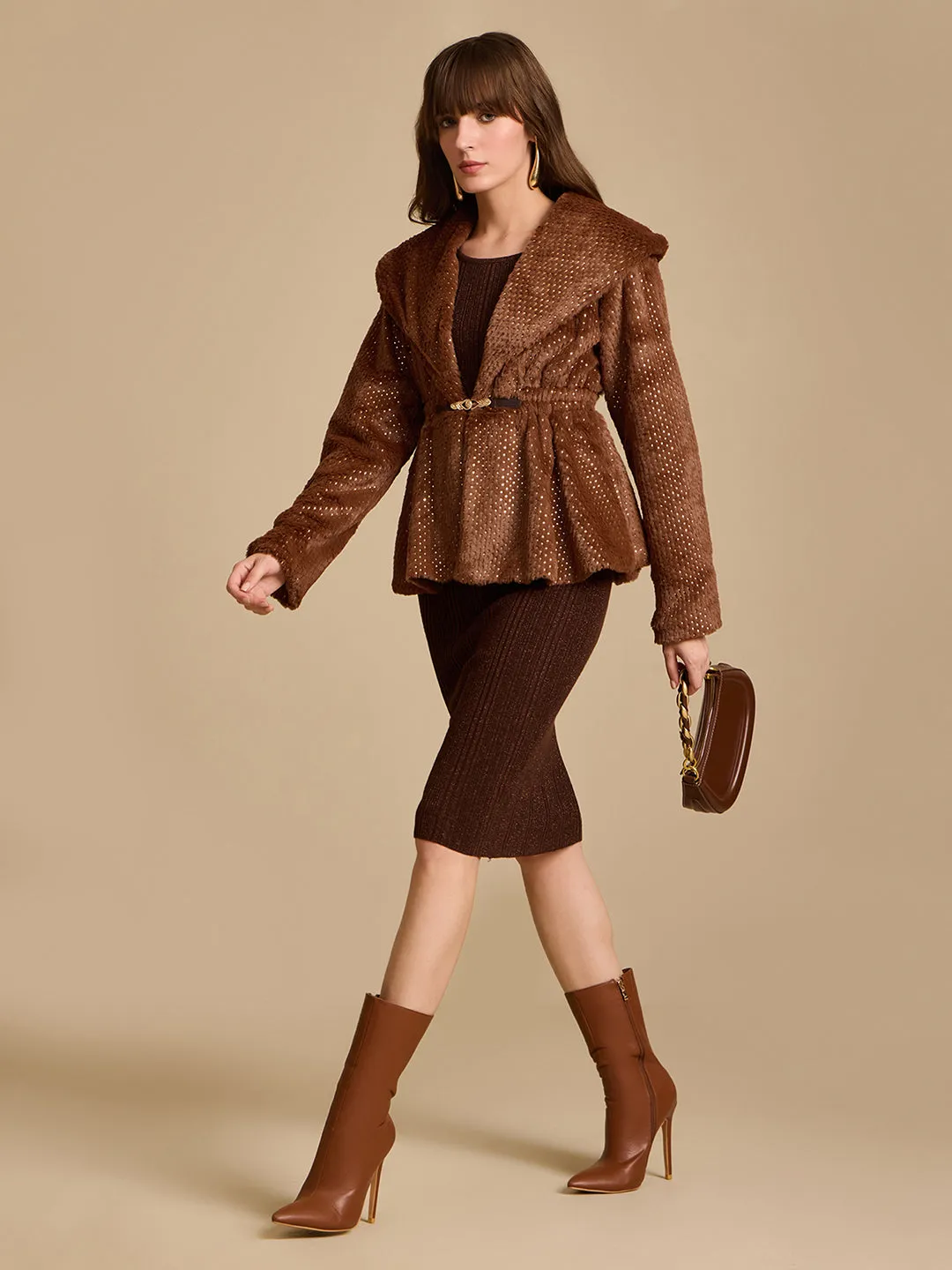 Foiled Fur Peplum Jacket With Gold Trim