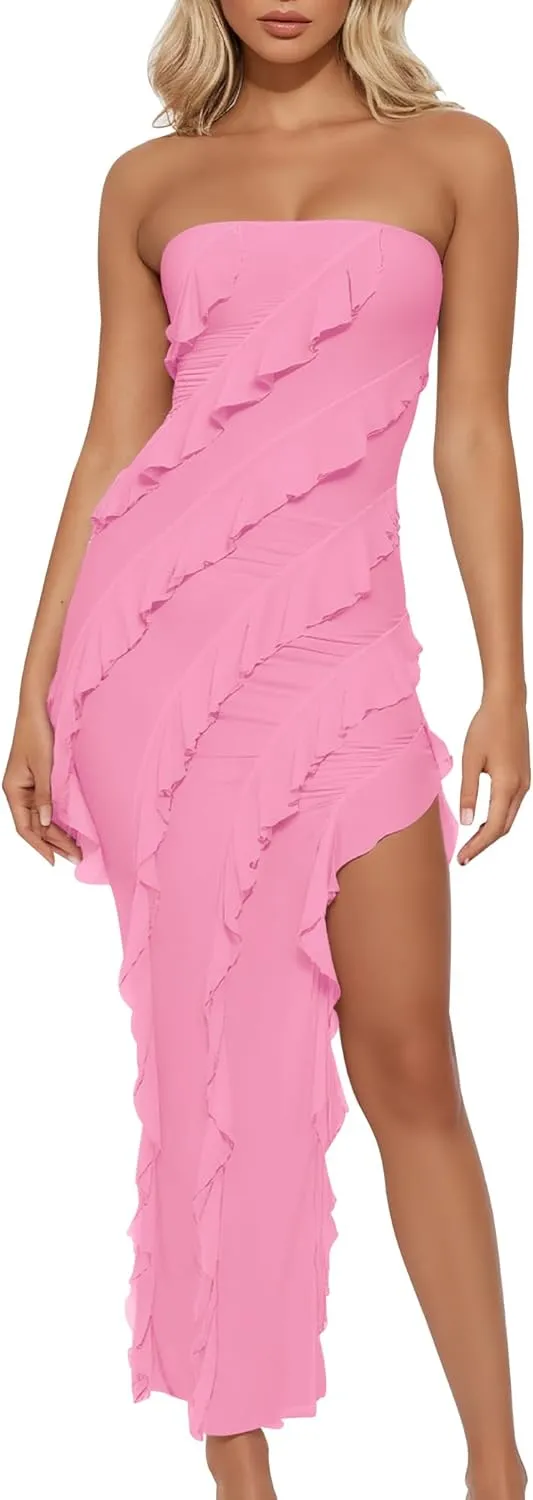 HOCILLE Women's Sexy Strapless Tube Bodycon Ruffle Split Long Cocktail Party Dresses