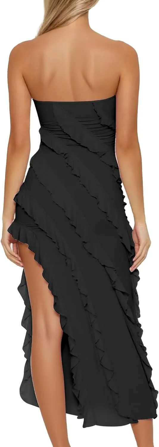 HOCILLE Women's Sexy Strapless Tube Bodycon Ruffle Split Long Cocktail Party Dresses