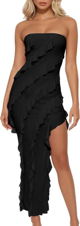 HOCILLE Women's Sexy Strapless Tube Bodycon Ruffle Split Long Cocktail Party Dresses