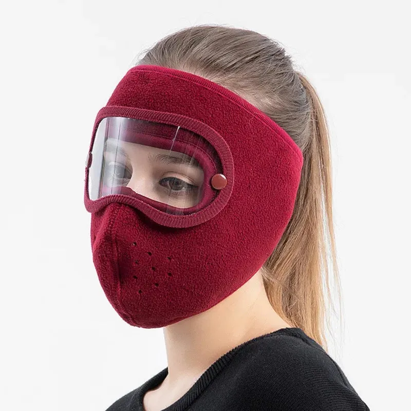 Windproof Face Warm Mask Winter Cap Ski Breathable Masks Fleece Face Shield Caps with HD Goggles Anti-fog Cycling Cap