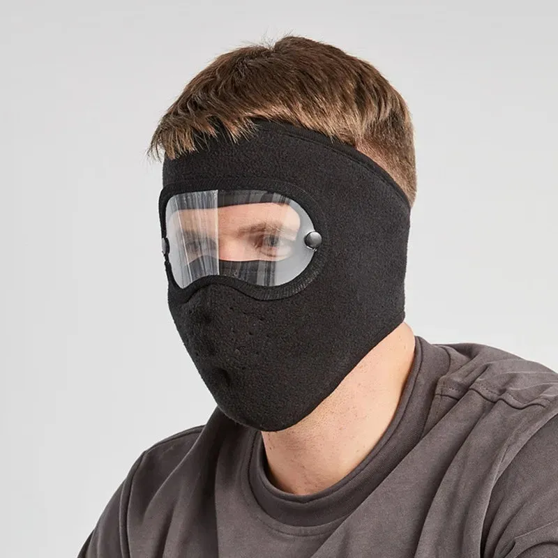Windproof Face Warm Mask Winter Cap Ski Breathable Masks Fleece Face Shield Caps with HD Goggles Anti-fog Cycling Cap