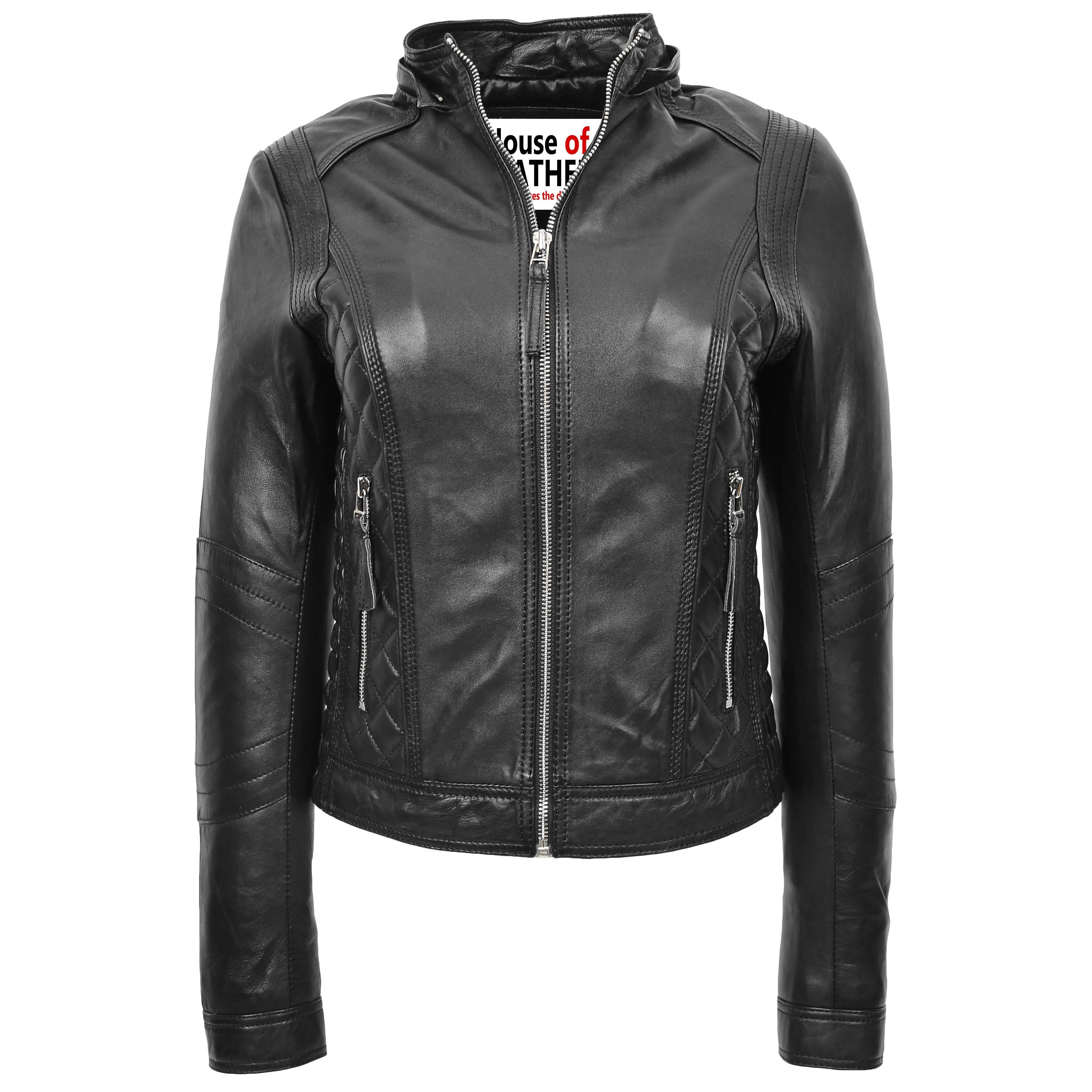 Womens Detachable Hoodie Biker Leather Jacket Lily Black