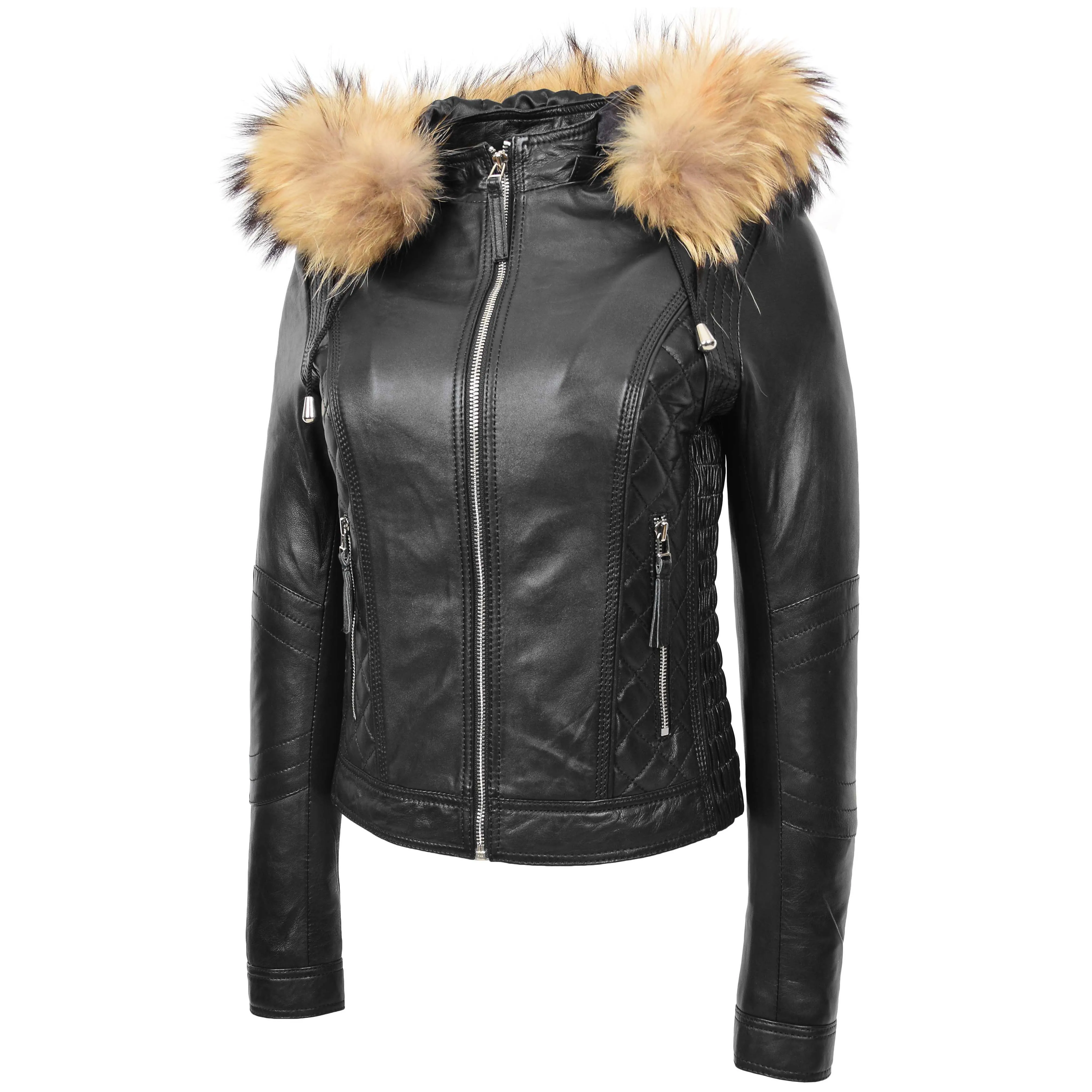 Womens Detachable Hoodie Biker Leather Jacket Lily Black