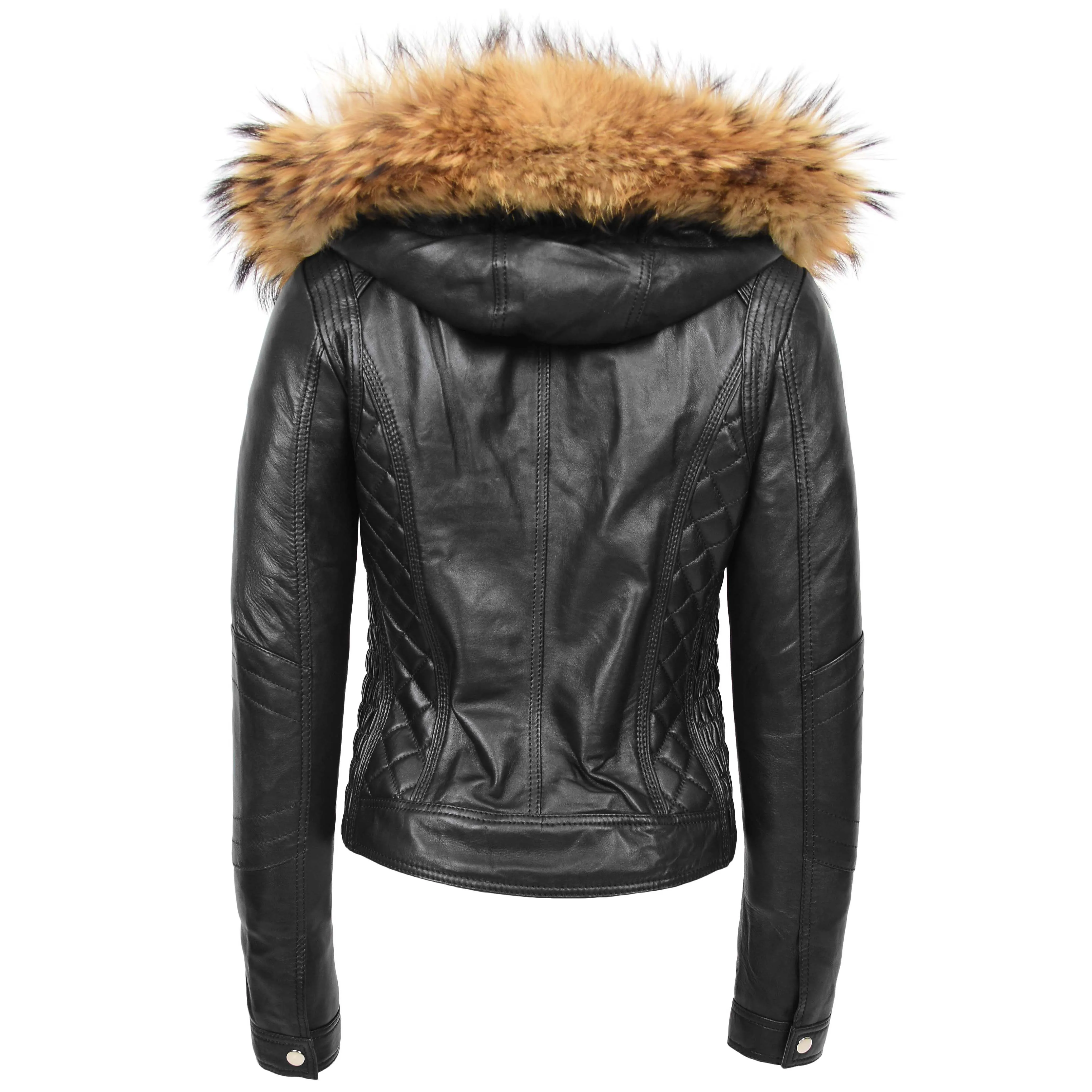 Womens Detachable Hoodie Biker Leather Jacket Lily Black