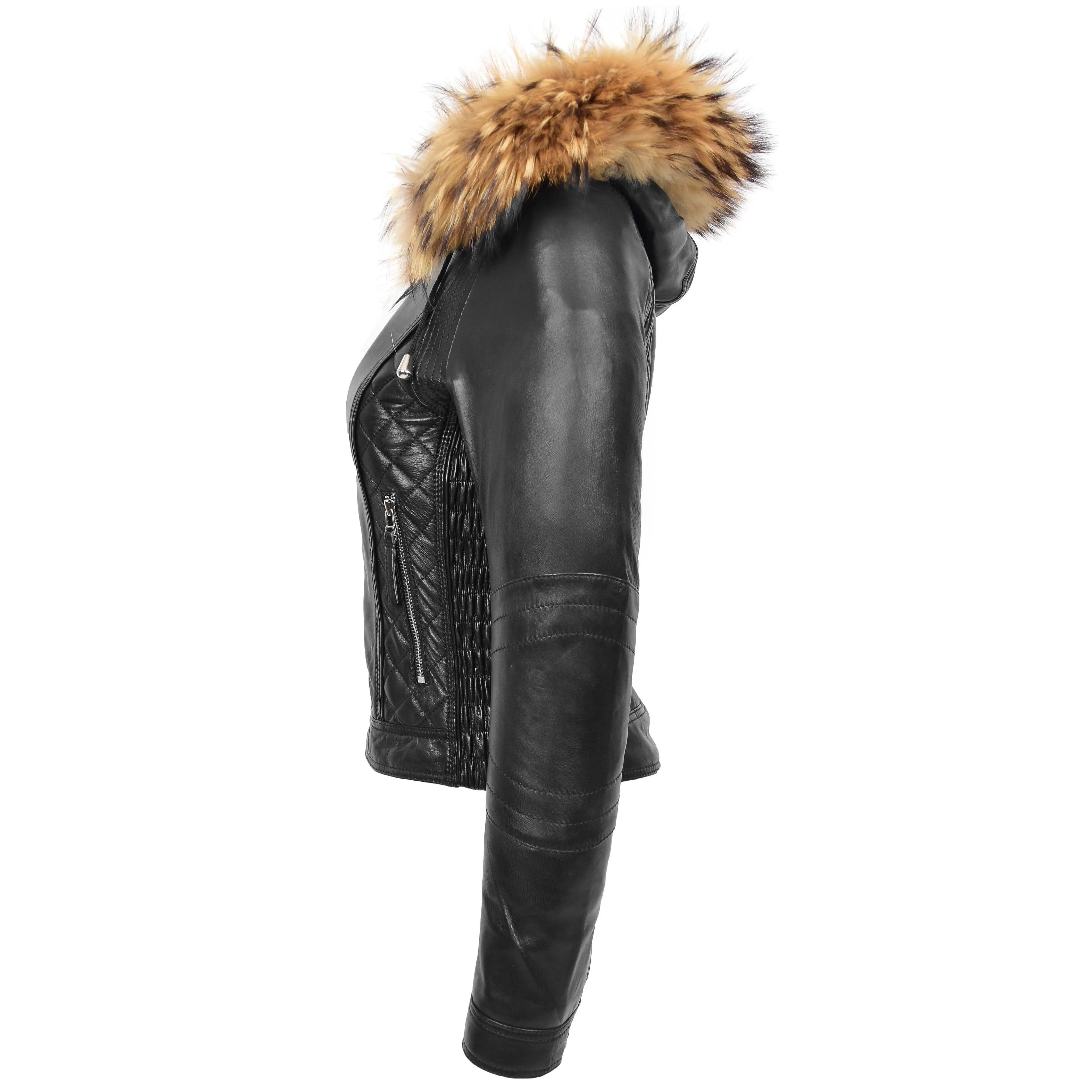 Womens Detachable Hoodie Biker Leather Jacket Lily Black